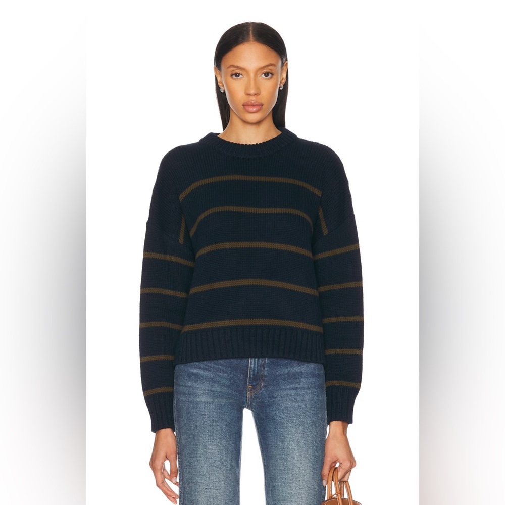Jenni Kayne Chloe Cotton Crewneck Cropped Knit Sweater Navy/ Army Stripe